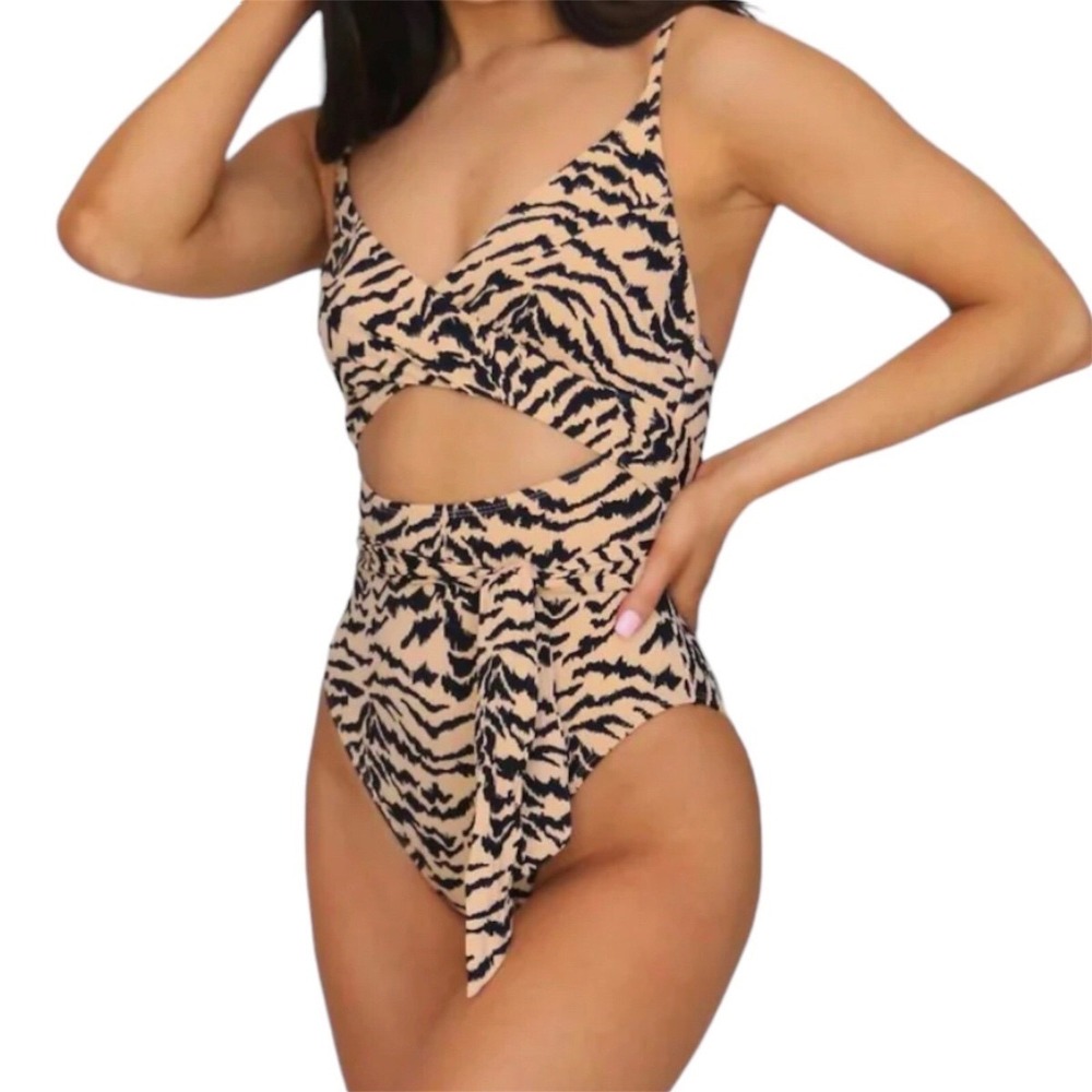 Baltic Born Cyprus One Piece‎ Swimsuit Animal Stripe Tan Black Cutout S0437B M